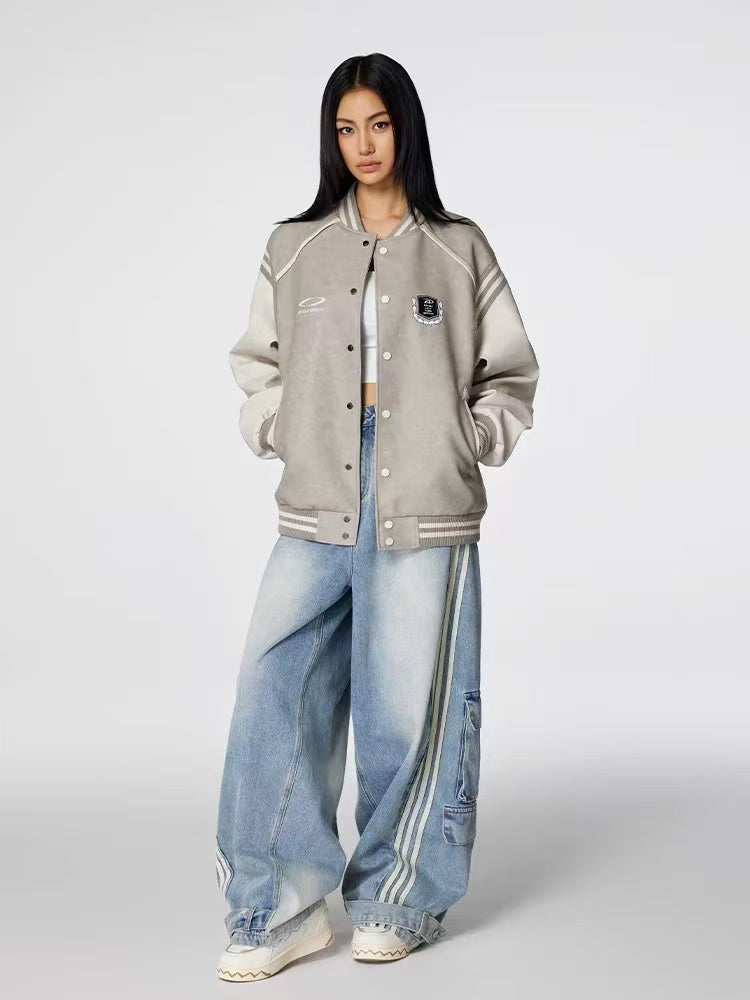 ACHOCK Logo Embroidered Retro Color Block Baseball Leather Jacket