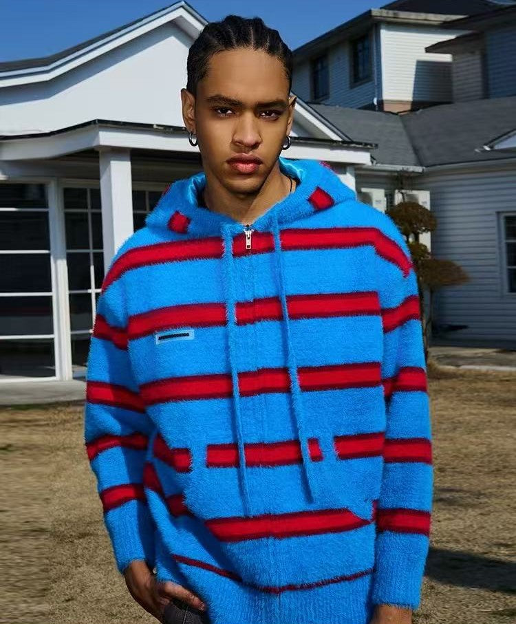 AFGK Striped Zip Hooded Cardigan Sweater