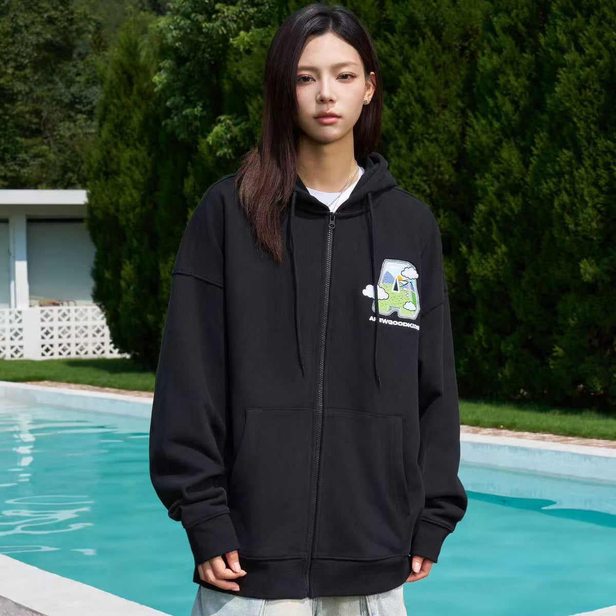 AFGK Hand-painted Lettering Embroidered Zipper Cardigan