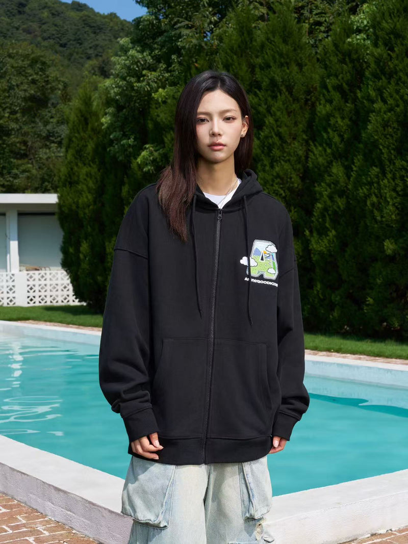 AFGK Hand-painted Lettering Embroidered Zipper Cardigan