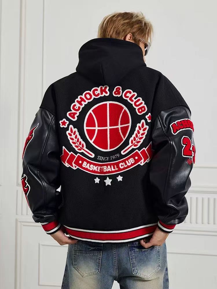 ACHOCK Retro Stitching Flocked Embroidery Varsity Jacket