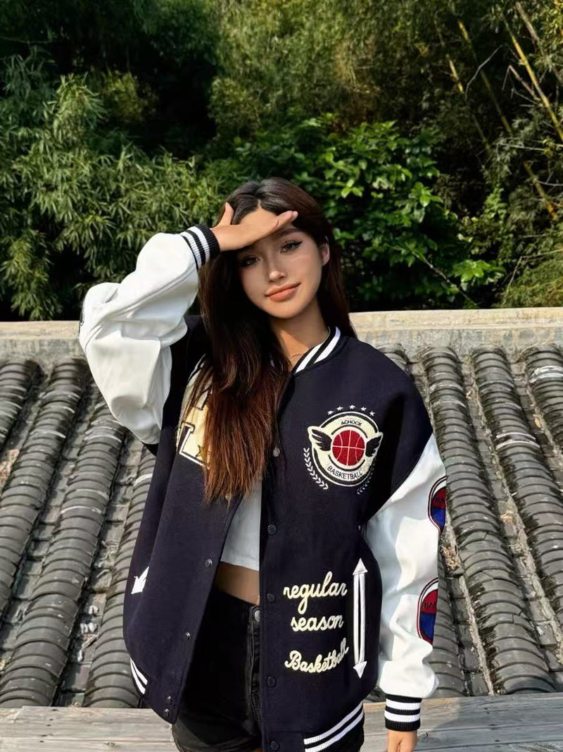 ACHOCK Hip-hop Heavy Letters Embroidery Varsity Jacket