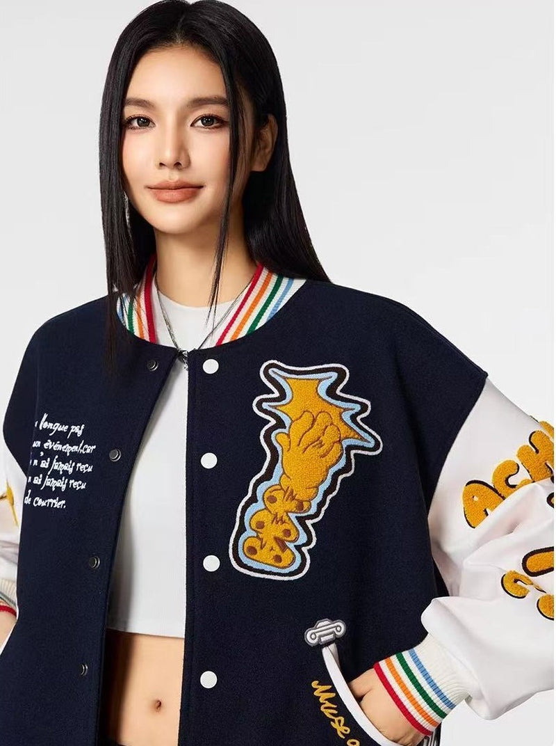 ACHOCK Crescent Bear Embroidered Baseball Jacket