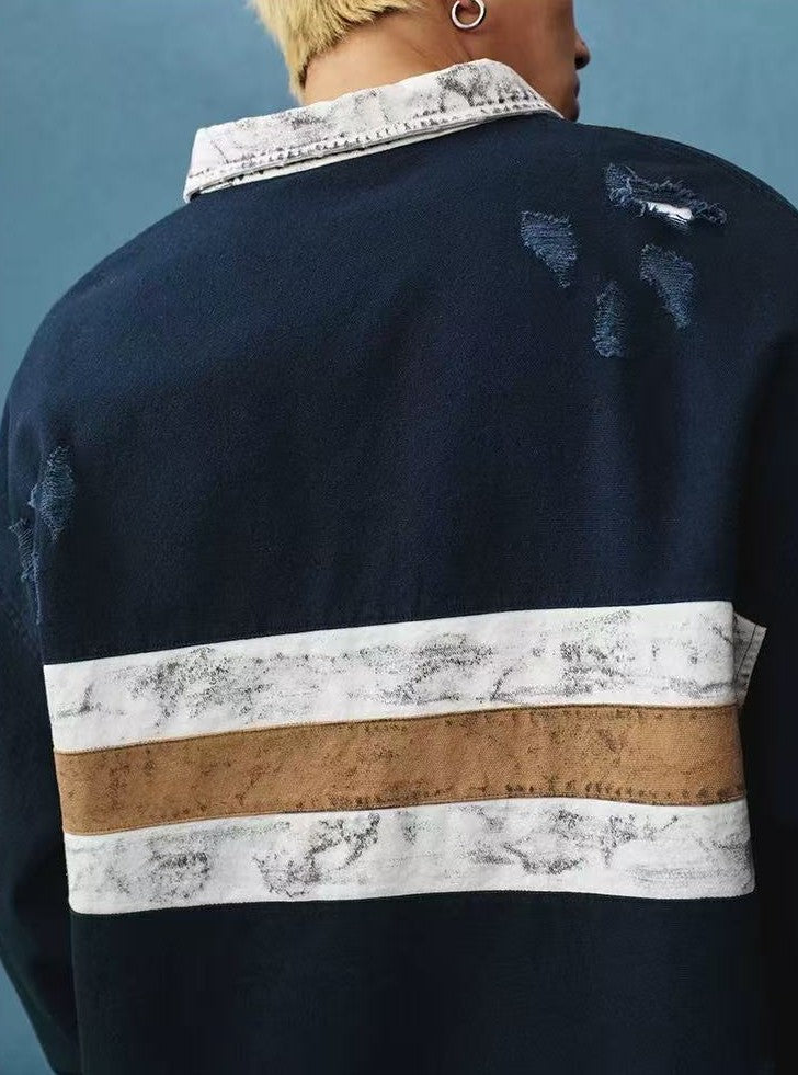 MEDM Contrast Color Striped Polo Long-sleeve T-shirt