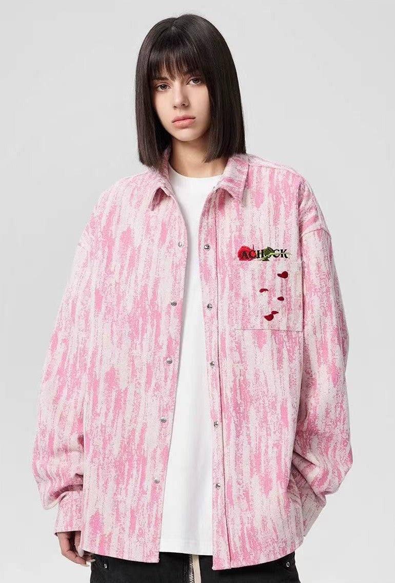 ACHOCK Rose Embroidery Washed Distressed Long-sleeve Shirt