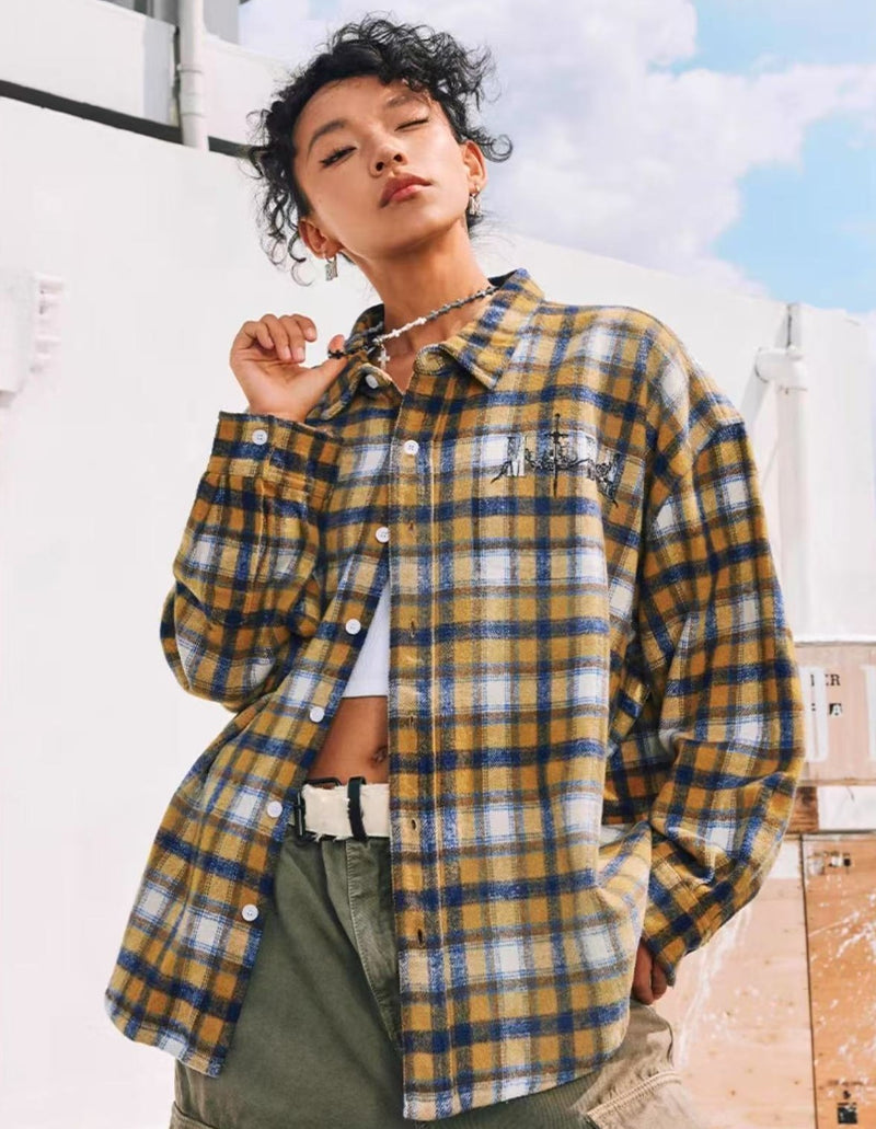 MEDM Washed Distressed Rose and Sword Plaid Long-sleeve Shirt