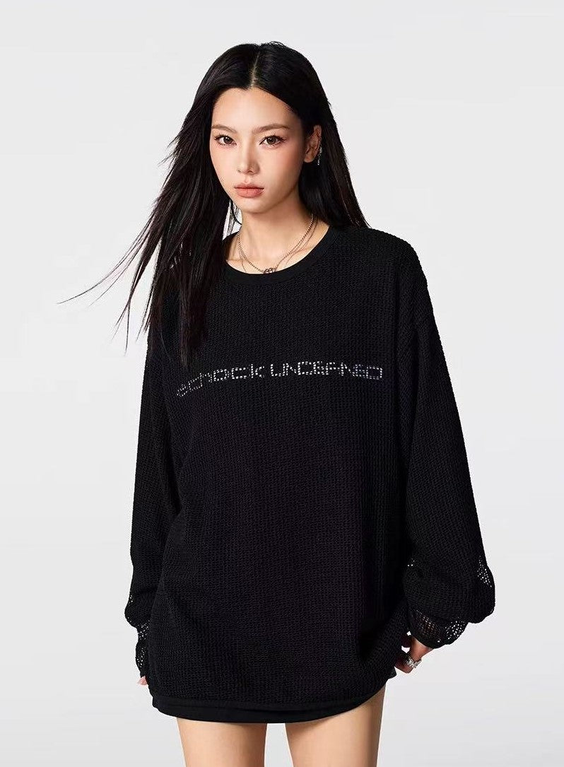 ACHOCK Fake Two-piece Heavy-duty Hollow Printed Long-sleeved T-shirt