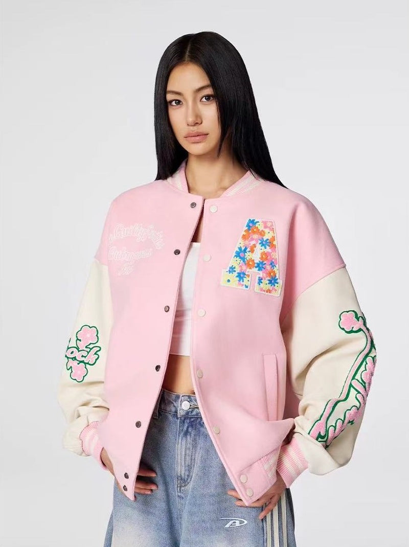 ACHOCK Hollow Floral  Embroidered Baseball Jacket