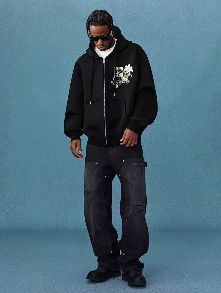 MEDM Floral Air Layer Embroidered Zip Hoodie