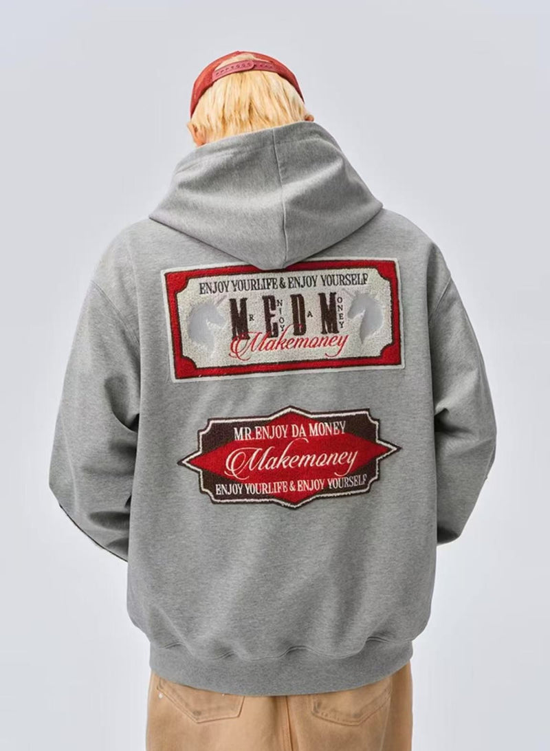 MEDM Retro Typography Embroidered Zipper Hoodie