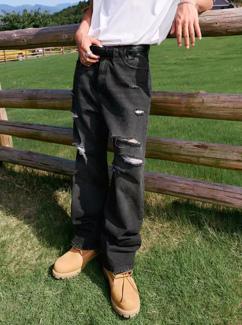 MEDM Large Letter Patch Leather Washed Ripped Jeans