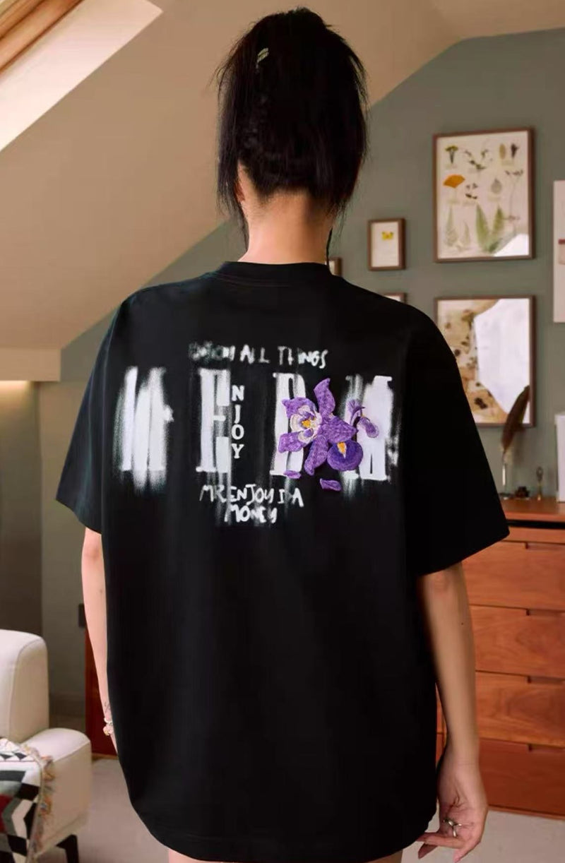 MEDM Mottled Logo Floral Embroidery Short-sleeved T-shirt