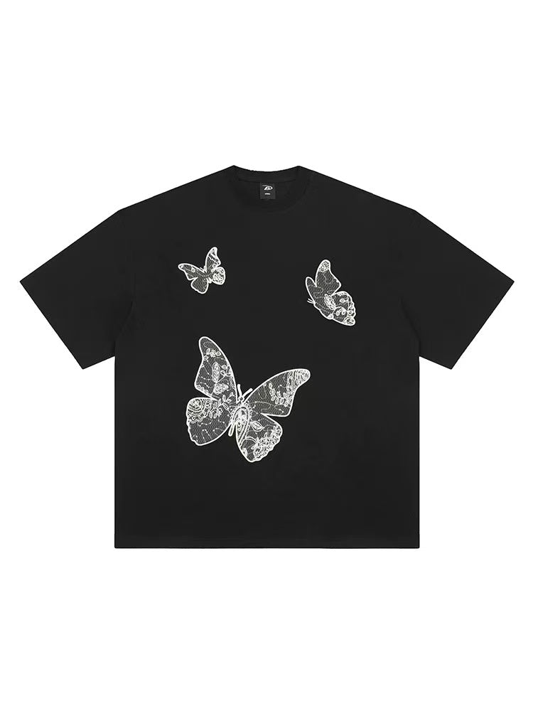 ACHOCK Butterfly Embroidered Crew Neck Short Sleeves Tee