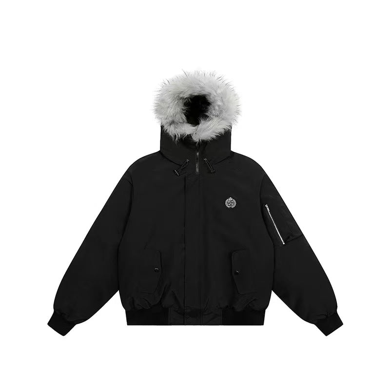 ACHOCK Logo Design Fur Collar Hooded Cotton Coat