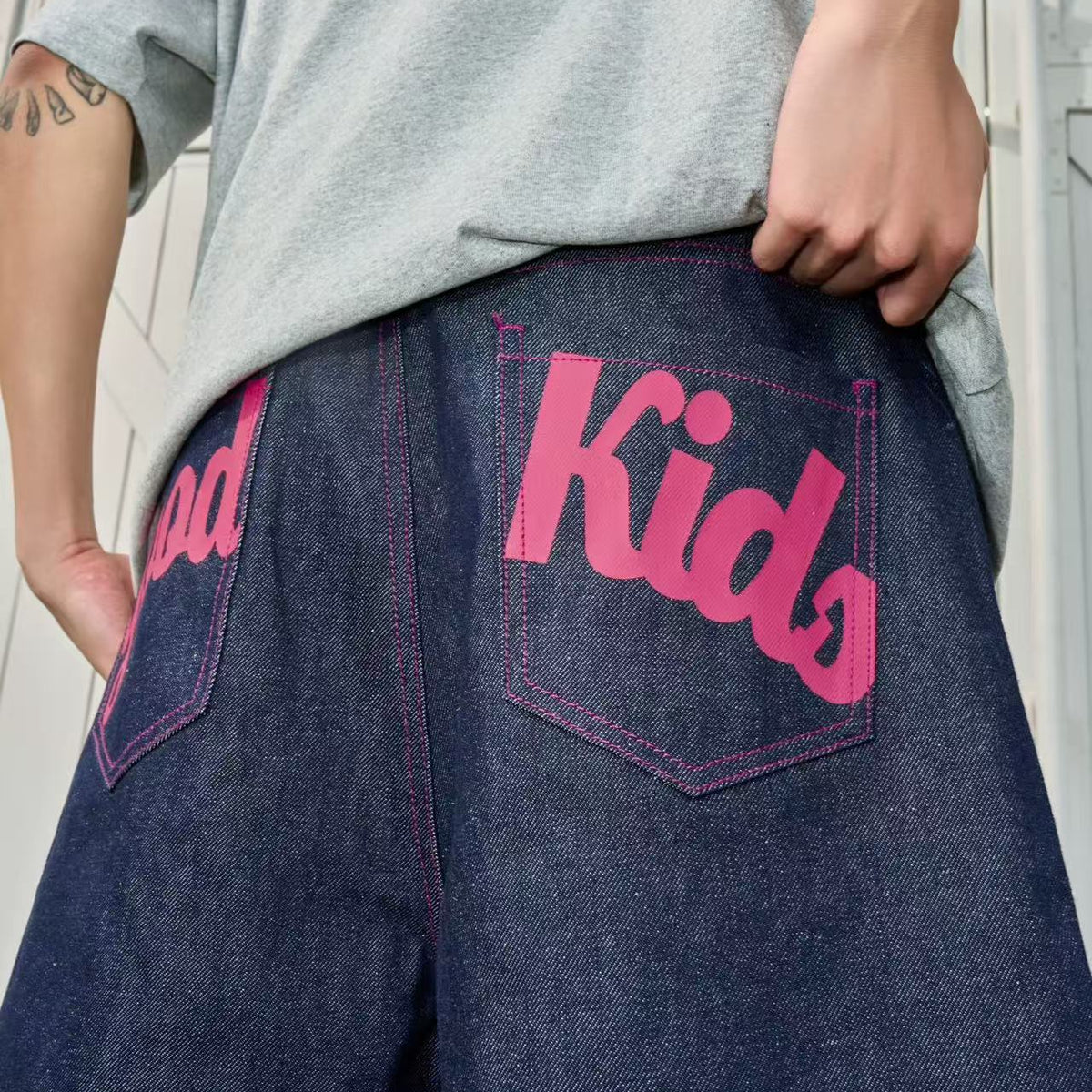 AFGK Pure Color Printed Denim Shorts