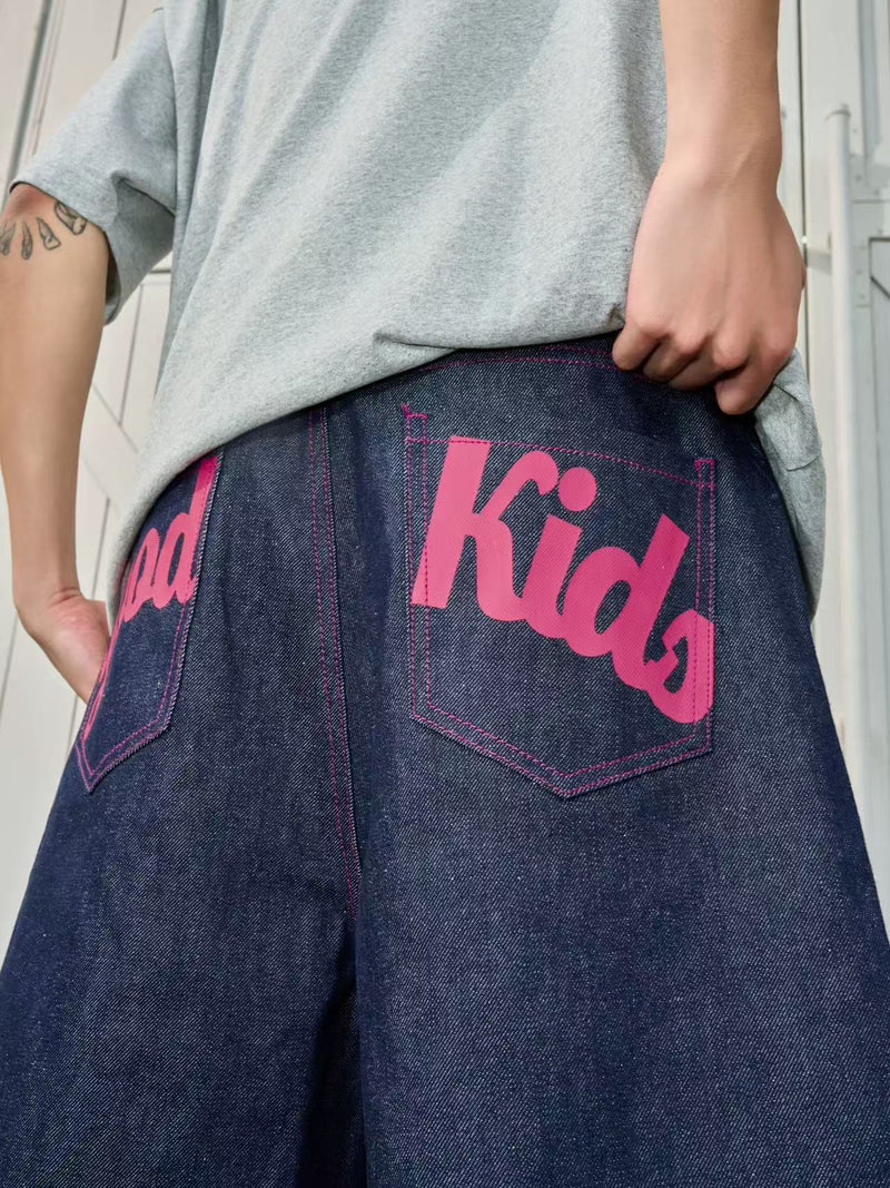 AFGK Pure Color Printed Denim Shorts