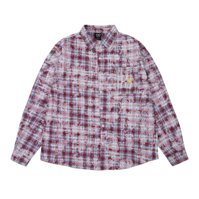 BIPOLAR Retro Floral Letter Embroidered Tie-dye Plaid Shirt