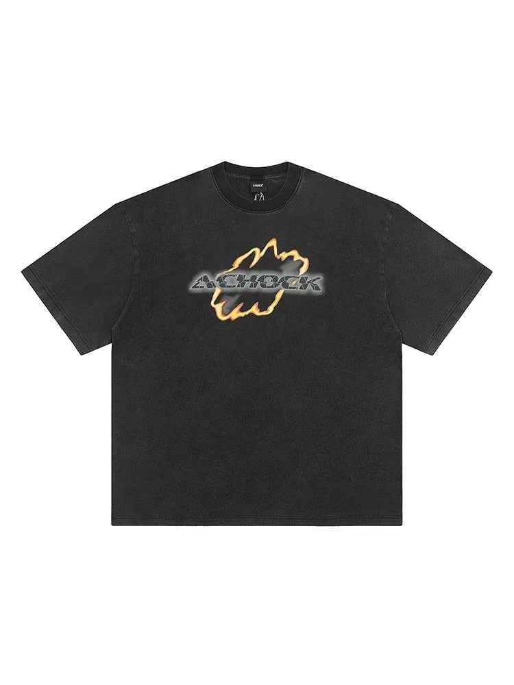 ACHOCK Washed Distressed Flame Print T-shirts
