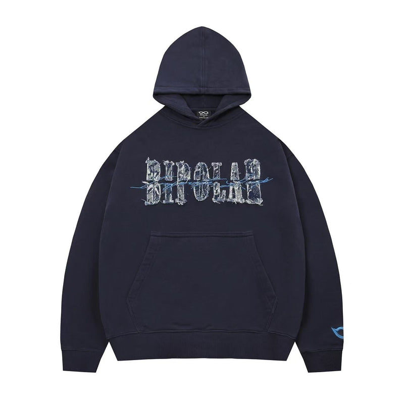 BIPOLAR Destroyed and Torn Creative Design Denim Patch Hoodie