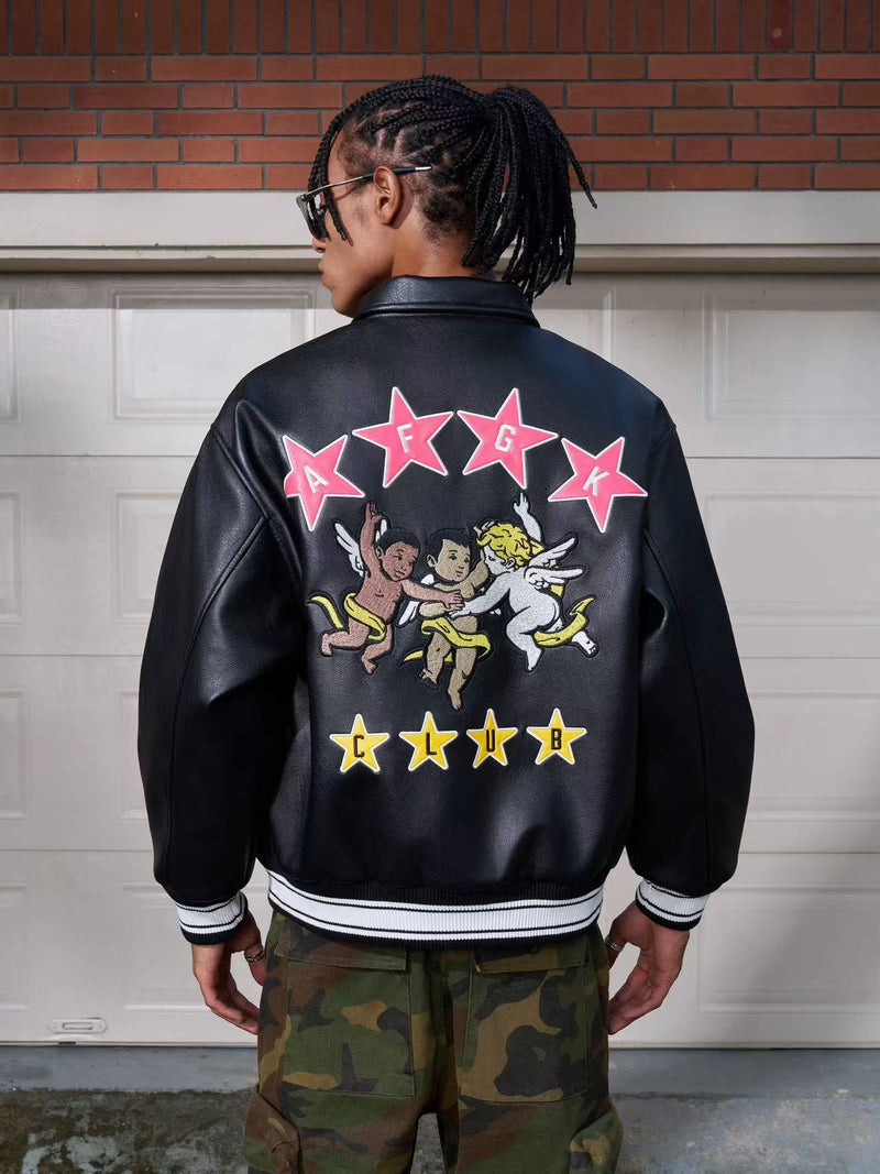 AFGK Star Angel Embroidered Leather Jacket