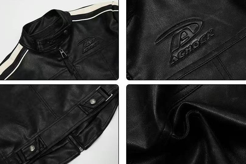 ACHOCK Leather Striped Motorcycle Jacket (For Women)