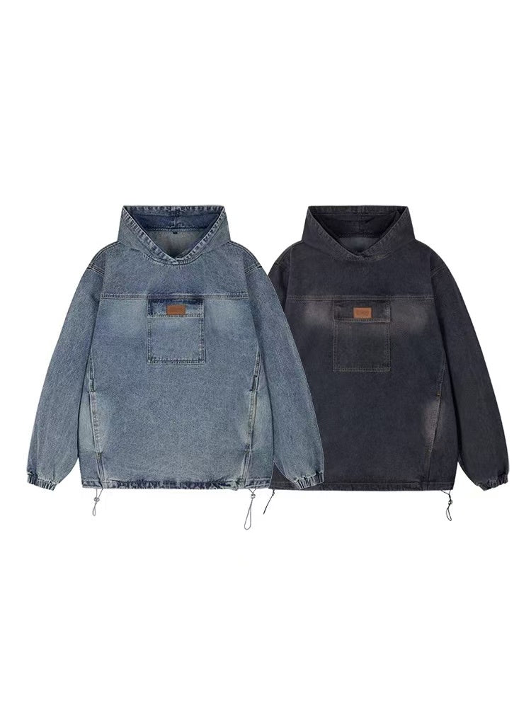 ICONSLAB Washed Denim Drawstring Split Hoodie