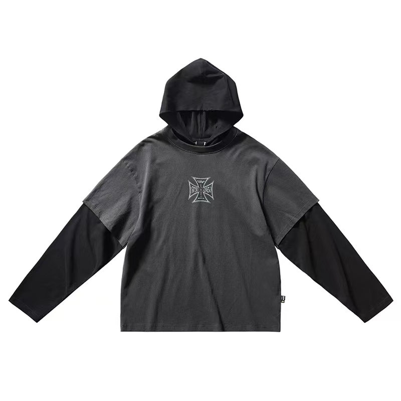 REMEDY Retro Fake Two-piece Hooded Long-sleeved T-shirt