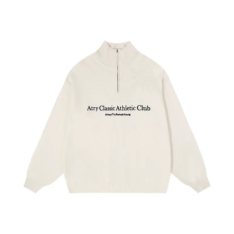 ATRY Slogan Embroidered  Polo Zipper Sweater