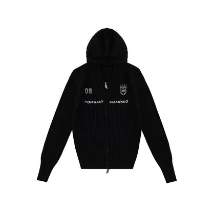 FDR Slim Fit Badge Knitted Zipper Hoodie (For Women)
