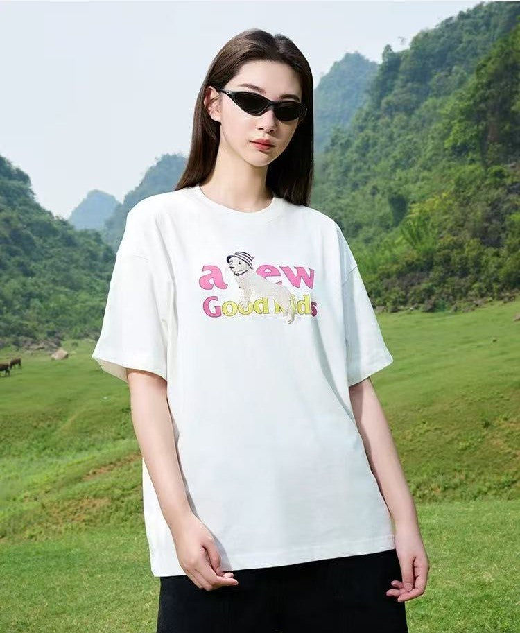 AFGK Vacation Puppy Embroidered Short Sleeve T-Shirt