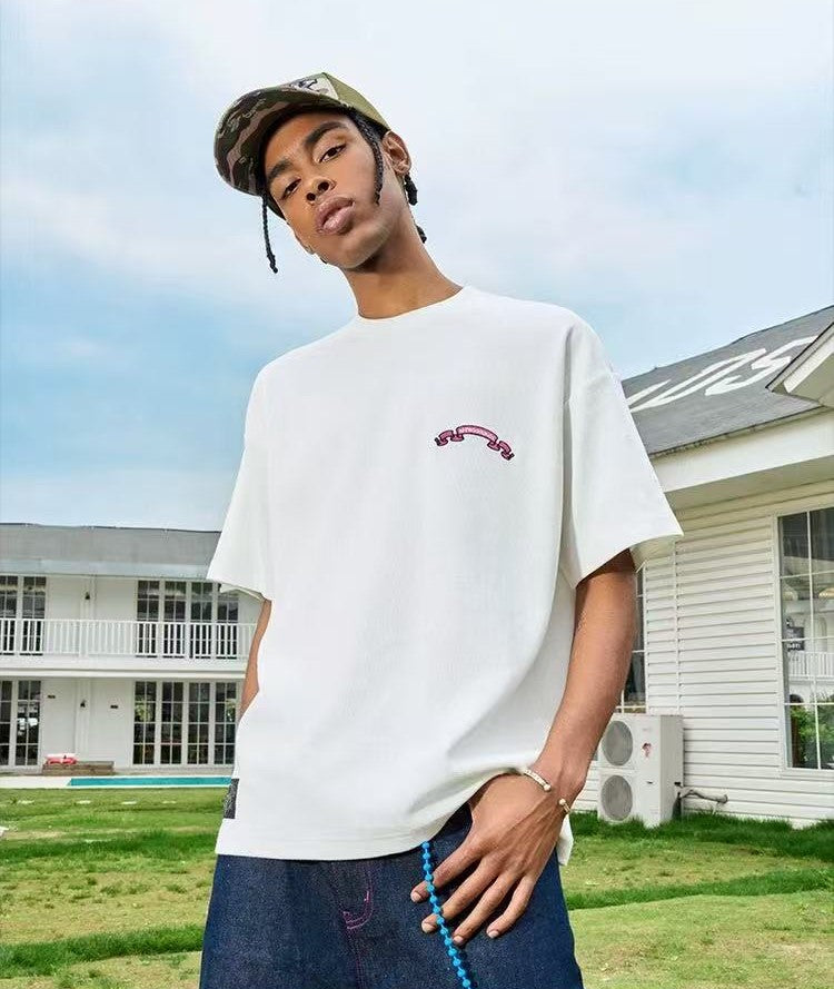 AFGK Waffle Ribbon Embroidered Short-sleeves T-shirt