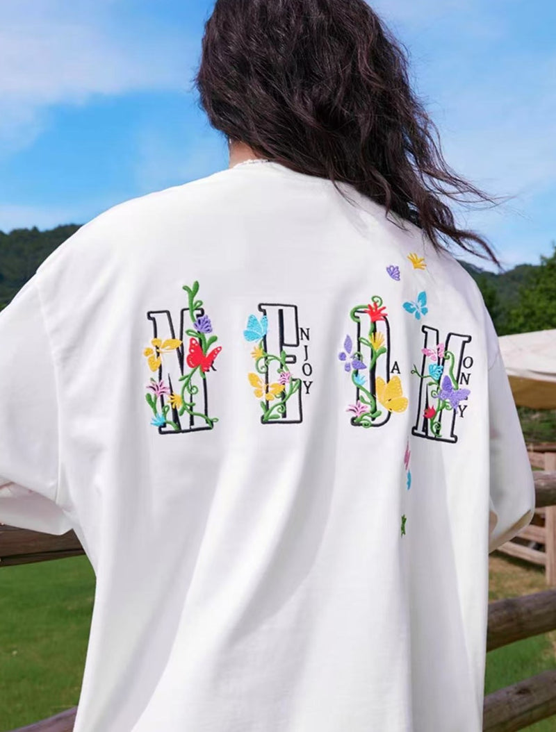 MEDM  Scattered Flower Embroidery Long-sleeved T-shirt