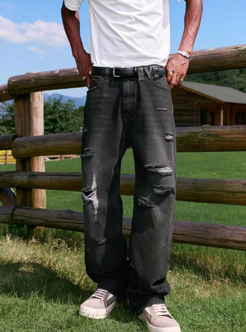 MEDM Large Letter Patch Leather Washed Ripped Jeans