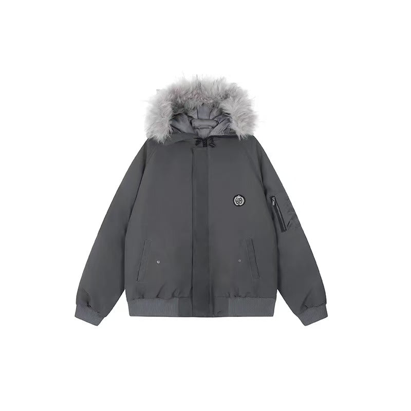 ACHOCK Logo Design Fur Collar Hooded Cotton Coat