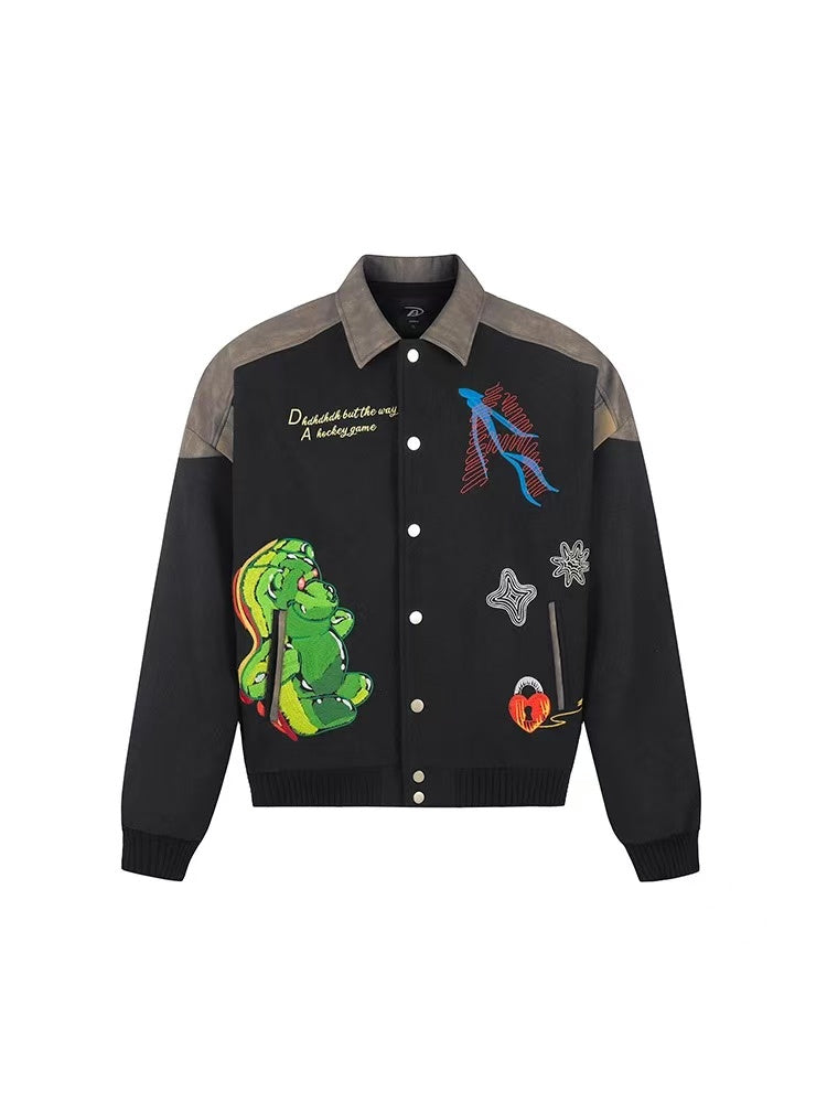 ACHOCK Heavy-duty Cartoon Embroidered Baseball Jacket