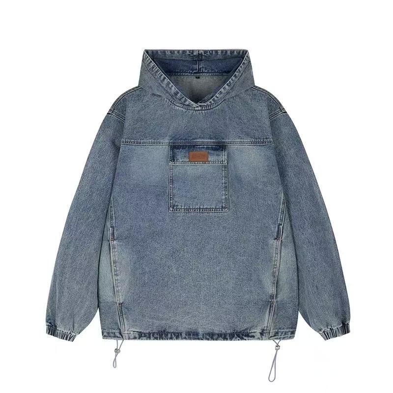 ICONSLAB Washed Denim Drawstring Split Hoodie