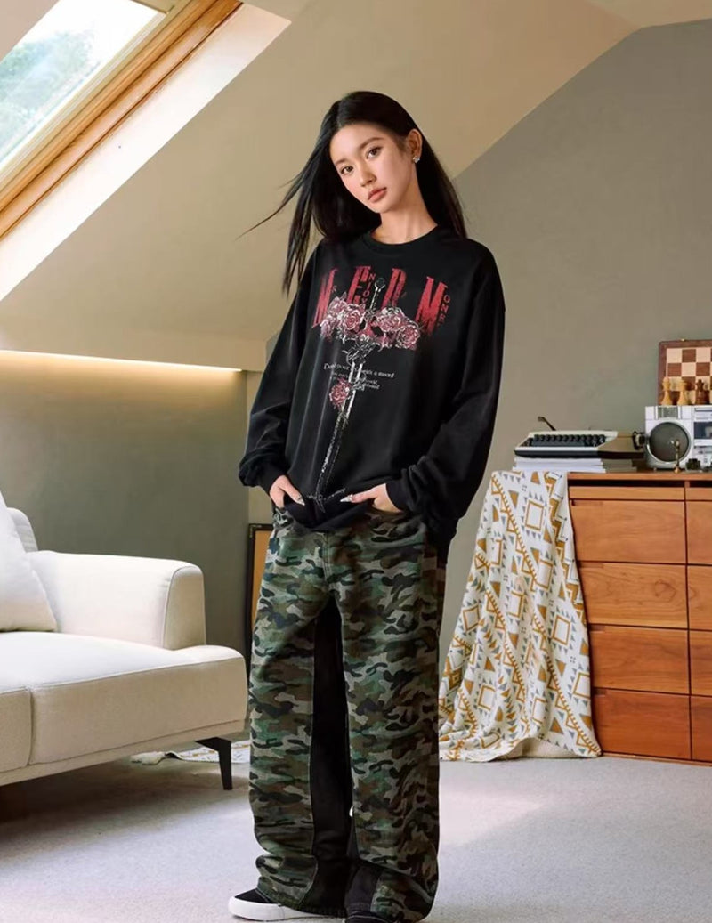 MEDM Rose and Sword Washed Long-sleeved T-shirt