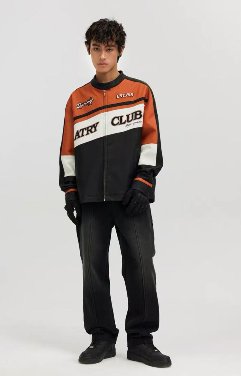 ATRY Contrast Color Racing Leather Jacket