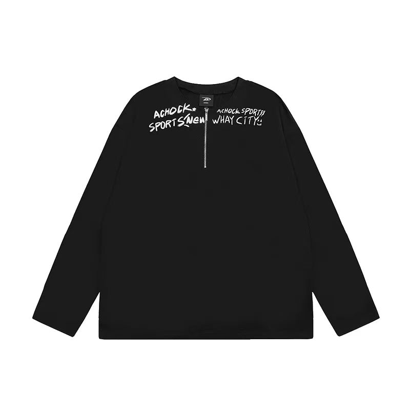 ACHOCK Henley Collar Monogram Half-zip Long-sleeved T-shirt