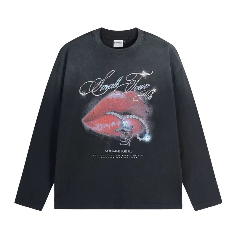 STK Vintage Dirty Wash Glitter Lip Long-Sleeve T-Shirt