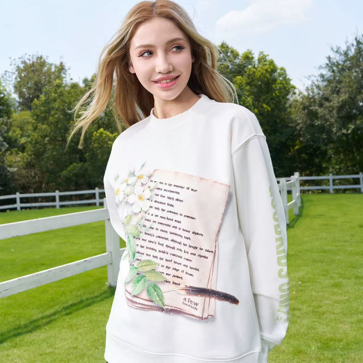 AFGK Flowers and Love Letters Thin Velvet Crew Neck Sweatshirt