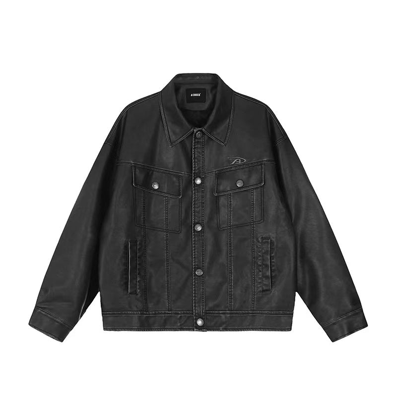 ACHOCK Vintage Washed Lapel Leather Jacket