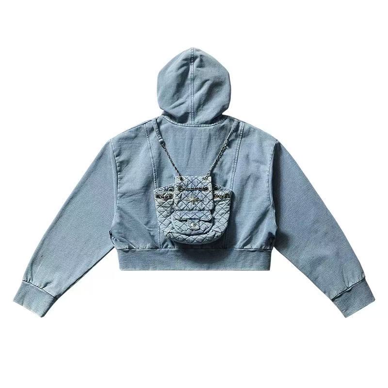 REMEDY Retro Distressed Washed Denim Backpack Hooded Jacket (For Women)