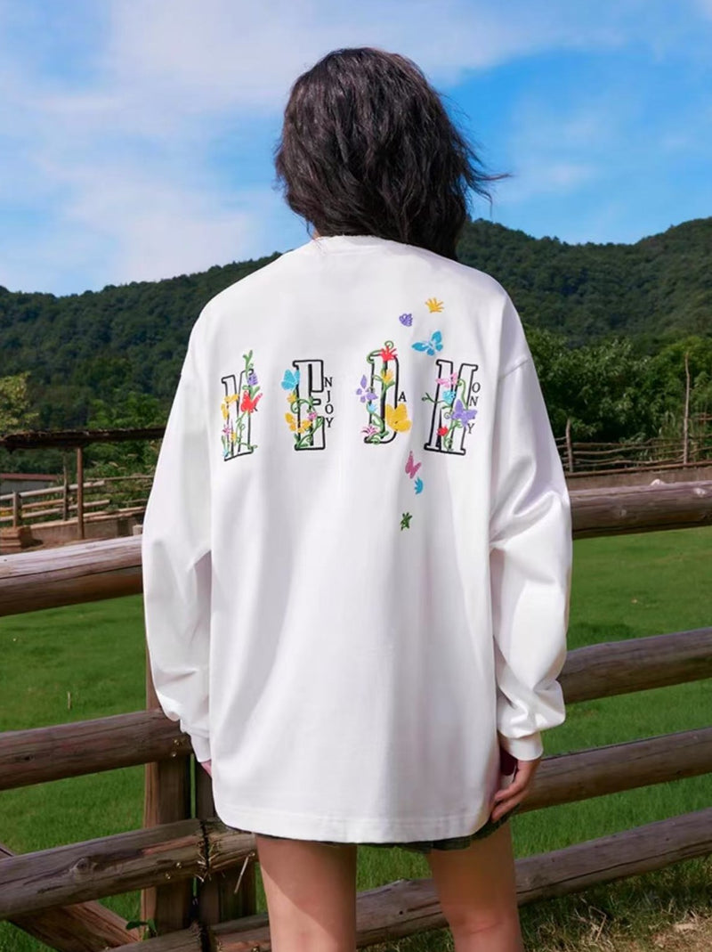 MEDM  Scattered Flower Embroidery Long-sleeved T-shirt