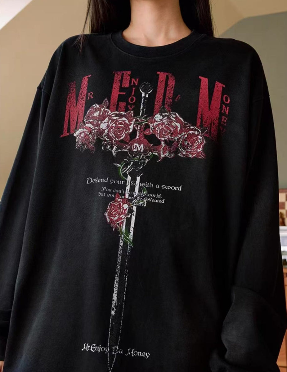 MEDM Rose and Sword Washed Long-sleeved T-shirt