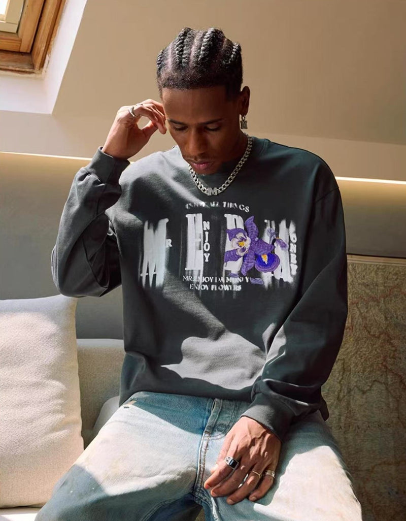 MEDM Phantom Floral Embroidered Long Sleeve T-Shirt