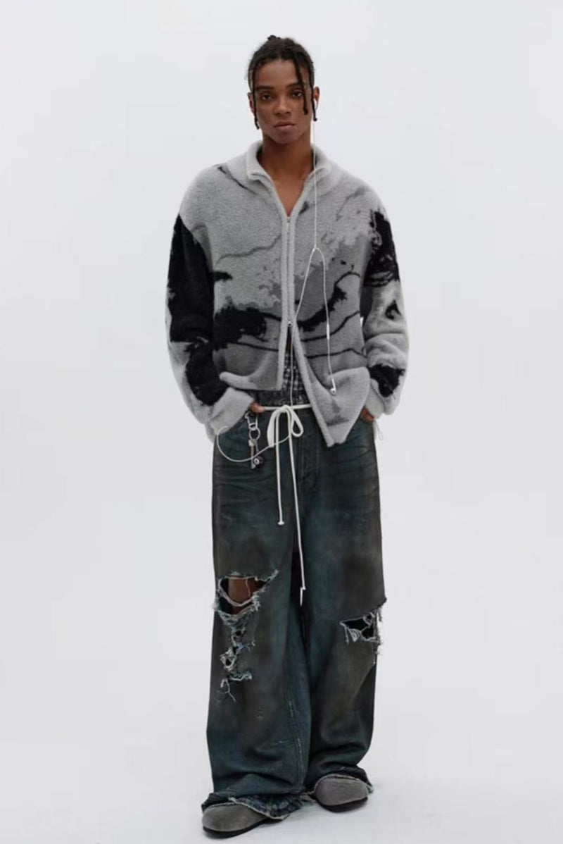 ATRY Irregular Gradient Cardigan Stand Collar Sweater