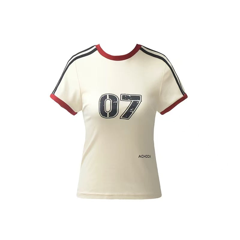 ACHOCK Retro Contrast Stripe Stitching Slimming Short-sleeved T-shirt (For Women)