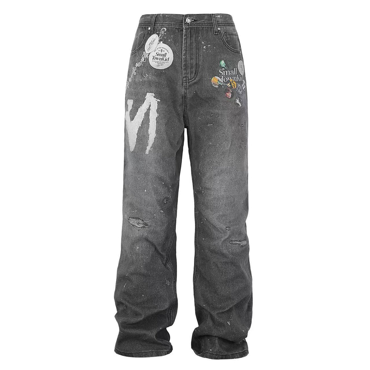 STK Vintage Distressed Wash 3D Badge Print Jeans