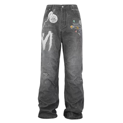 STK Vintage Distressed Wash 3D Badge Print Jeans